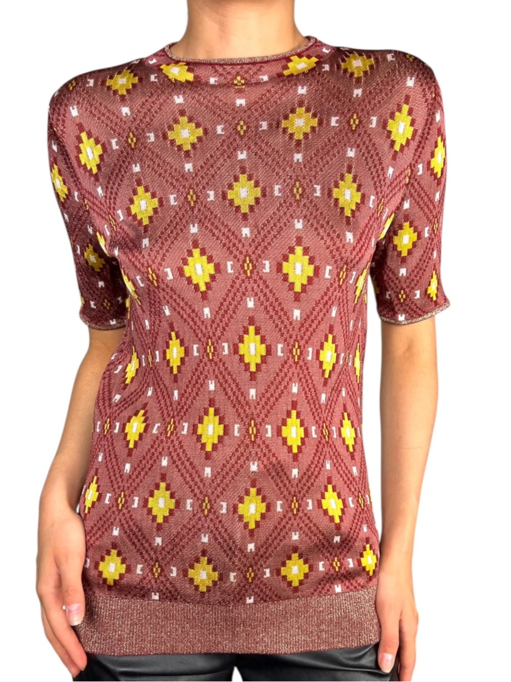 Scotch & Soda Women's Short-Sleeve Patterned Knit Top - Rust Yellow. Size M